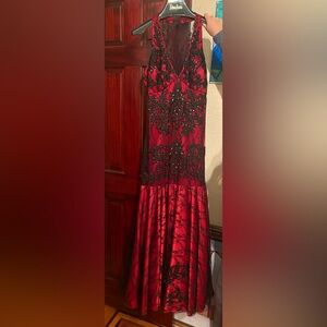 Sue Wong Vibrant Red Dress with Black Accents